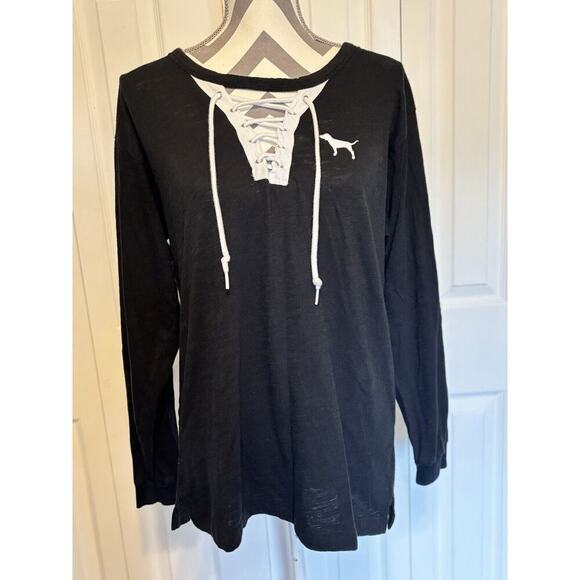 Victoria’s Secret PINK Bling 86 Varsity Crew Long Sleeve Black Shirt Size Medium - Picture 1 of 3